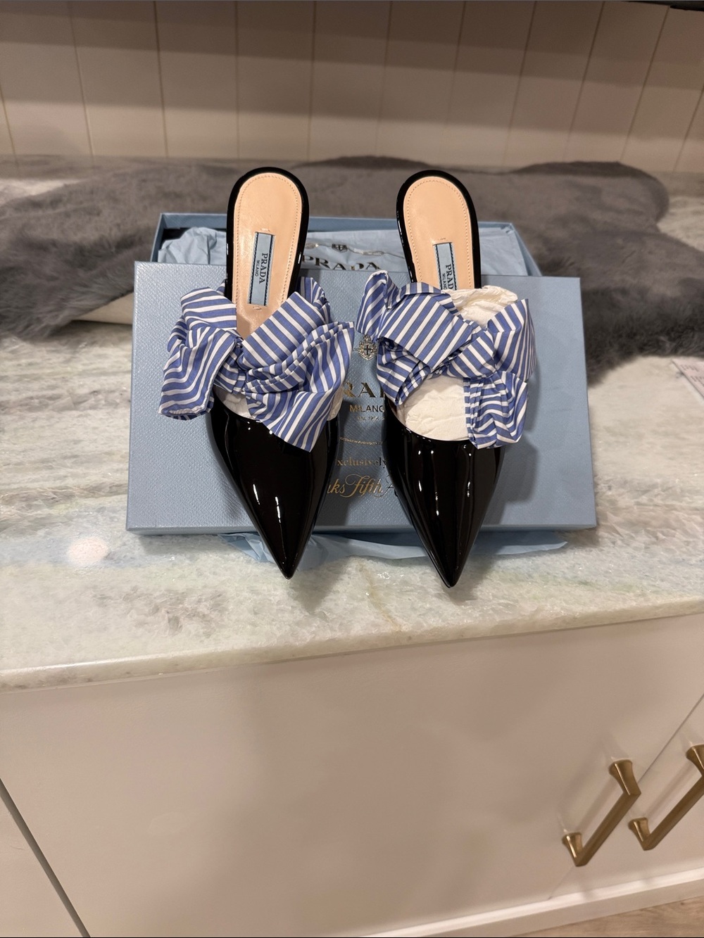 Prada Black Patent Pointed Mule with Blue Stripe Bow Accent